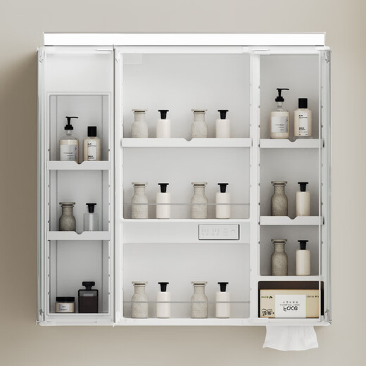 JING PIN bathroom mirror cabinet, separate wall-mounted vanity mirror cabinet, Japanese-style three-fold smart mirror cabinet, bathroom mirror cabinet with socket, 80cm Japanese-style smart mirror cabinet, three-door-three-fold model (hand scan sensor light)