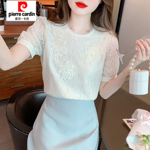 皮尔卡丹（pierre cardin）【1517人收藏】正肩时尚圆领蕾丝短袖t恤女2025夏季新款显瘦体恤 白色T1# S