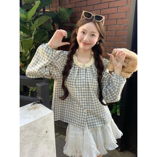 Moyiya (Moyiya) [826 personnes Collection] Sweet Plaid Lace Lace Round Coud Plaid Plaid Long à manches pour femmes Spring New Style Black [peut être porté pendant toutes les saisons] Recommandé 116-125 Jin [Jin équivaut à 0,5 kg] xl