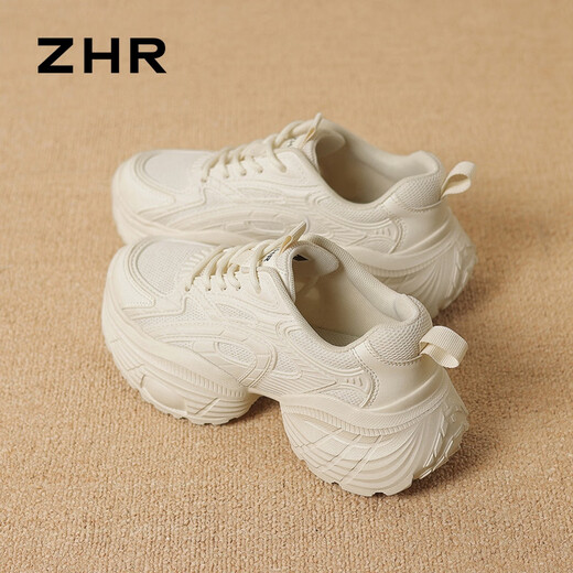 ZHR厚底老爹鞋女新款网面透气女鞋轻便软底耐磨运动鞋女 G753 米色34