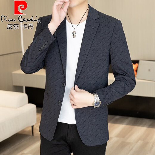 皮尔卡丹（pierre cardin）春秋季休闲西服男士感印花小西装2025新款外套青年单西上衣服 灰色 M 90-110斤内