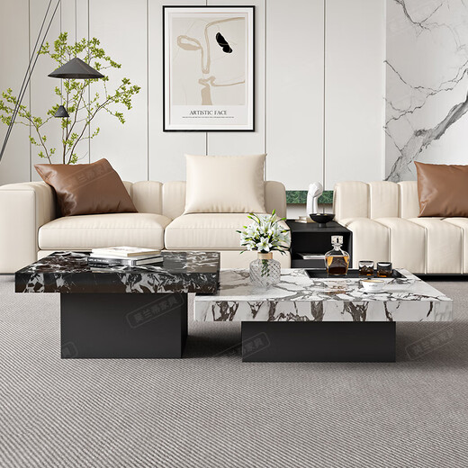 YWZR Italian minimalist rock slab coffee table light luxury modern simple living room marble small apartment square high and low combination 80*80*45 small coffee table +120*120*3524 door-to-door installation