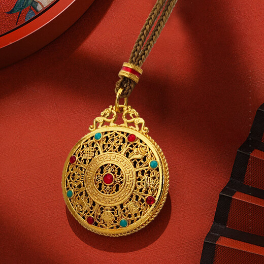Canxian Ancient Golden Eight Treasures Compass Pendant Palace Enamel Filigree Hollow Clavicle Chain Braided Rope Long Sweater Chain Yellow