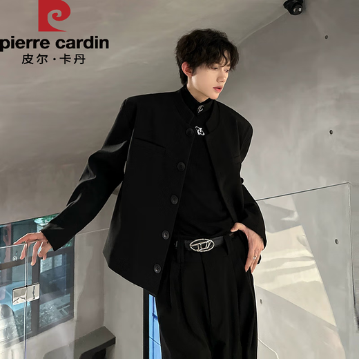 Pierre Cardin Spring and Autumn New Chinese Style Chinese Tunic Jacket Men's Style Handsome Stand-up Collar Short Shoulder Pad Suit Black Jacket XL