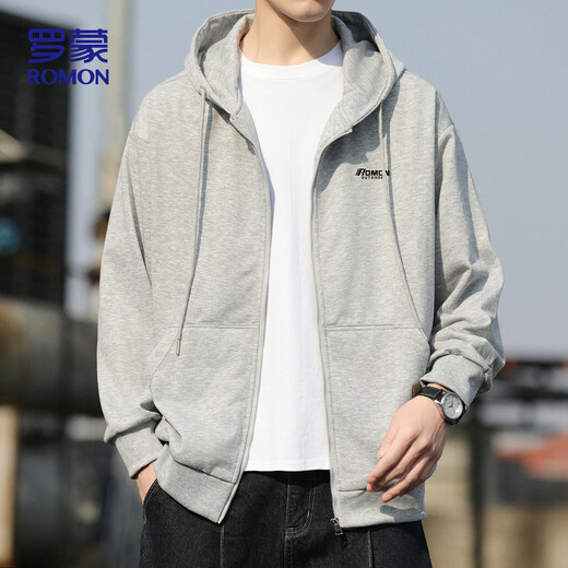 ROMON sweatshirt men's autumn loose casual jacket men's versatile hooded cardigan top men WY333 light gray L