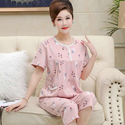 炙夏中年妈妈睡衣女夏季纯棉短袖七分裤中老年人 t3937 2XL (135-155斤)