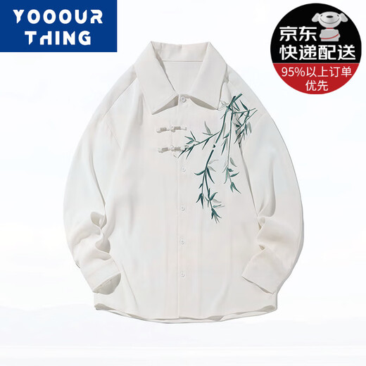 YOOOURTHING New Chinese style bamboo embroidered long-sleeved shirt for men in spring and autumn trendy brand loose casual large size shirt jacket white XL (recommended 115-140Jin [Jin equals 0.5 kg])