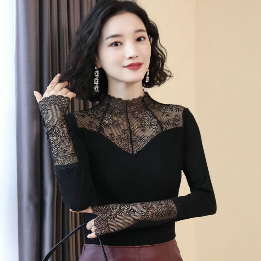雅鹿正品保障基础打底衣女上衣2025秋冬新款女装小衫修身内搭显瘦百搭 7027黑 波点多边形领长袖 均码 （90斤-130斤）