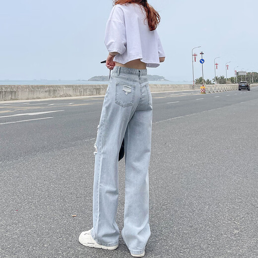 以纯YISHION网红破洞牛仔裤女2025春秋新款高腰显瘦垂感阔腿拖地裤ins潮夏装 浅蓝色现货【687款长裤】 XS