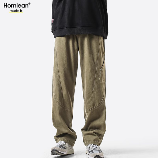 Homlean美式纯棉休闲裤男春夏小众潮牌复古宽松工装长裤子HS60卡其色2XL