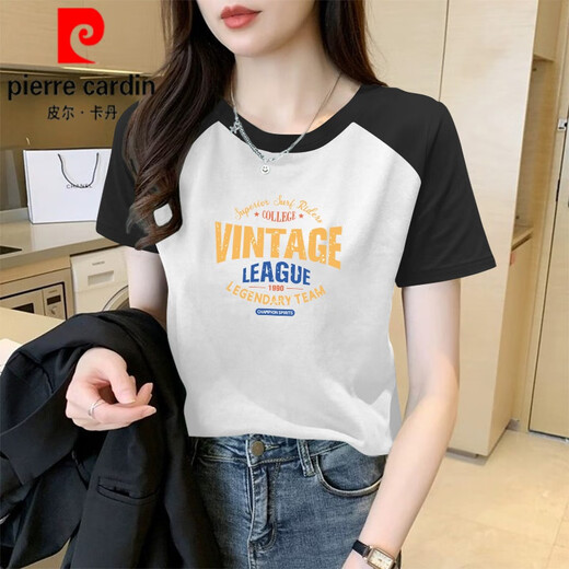 Pierre Cardin Kurzärmeliges T-Shirt für Frauen 2025 Neue Sommer Raboss Sleeve reines Baumwoll einzigartiges modisches Slim Top Design 1476 Blumengrau/Prince Blue Raboss Kurzärärmelte (schwarzer Druck M 100-115jin [Jin gleich 0,5 kg]