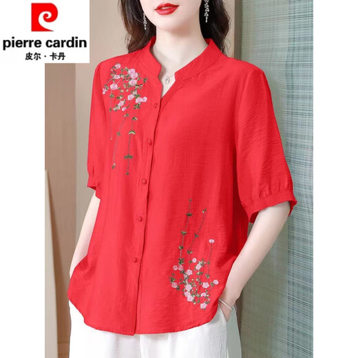 皮尔卡丹（pierre cardin）夏季中袖棉麻上衣女2025新款国风刺绣女士衬衫妈妈装宽松亚麻小衫 粉色-694 M 【约108斤内】