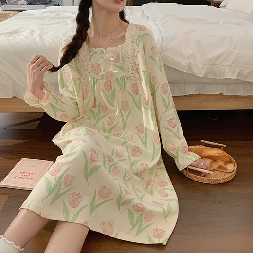 
LangSha nightgown (LangSha) nightgown for women in spring and autumn summer new pullover long-sleeved pajamas cute cartoon mid-length style for outdoor wear Q16863 M