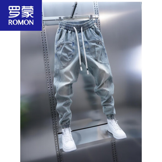 罗蒙（ROMON）2025春秋季水洗牛仔裤男大口袋束脚哈伦裤浅蓝色痞帅束脚休闲裤 浅蓝色 32 建议135-150斤