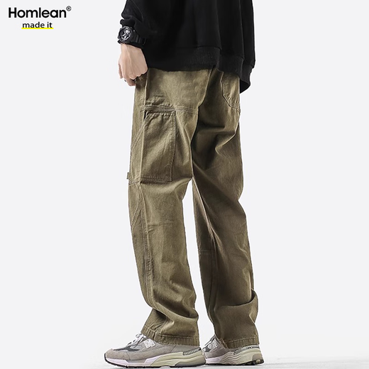 Homlean美式纯棉休闲裤男春夏小众潮牌复古宽松工装长裤子HS60卡其色2XL