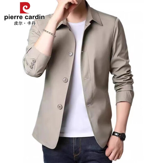皮尔卡丹（pierre cardin）春秋季男士商务休闲夹克西装中青年纯色翻领薄款韩版修身风衣外套 深蓝1048【商场专柜同款】 XL 【建议138-152斤】
