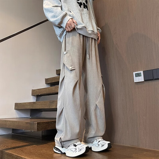 RFKU corduroy pants men's spring and autumn loose casual paratrooper pants trendy brand workwear plus velvet wide-leg sports trousers for men gray green L (recommended 120-135 Jin Jin equals 0.5 kg)