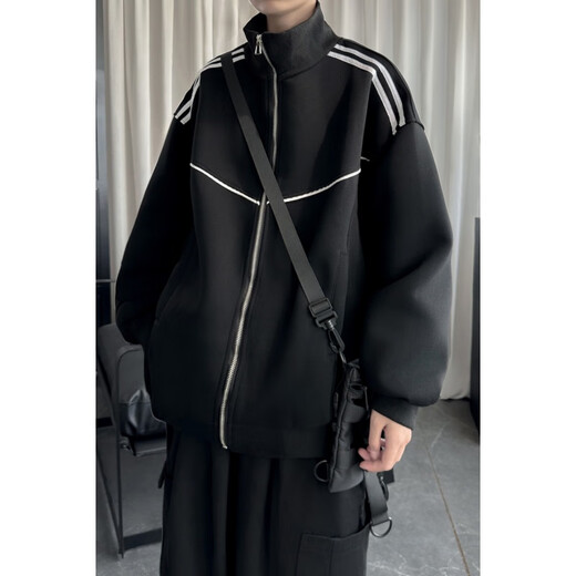 Pocket stand collar jacket men's spring and autumn new American trendy brand contrasting color striped handsome teenagers casual tops floral gray XL recommended 130-150Jin Jin equals 0.5 kg