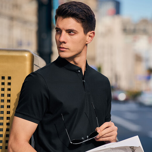 
Mr. Bu Bu Fashion Stand Collar Pure Cotton Men's T-shirt in Summer New Slim Black Short Sleeve AT12023 Black S 165