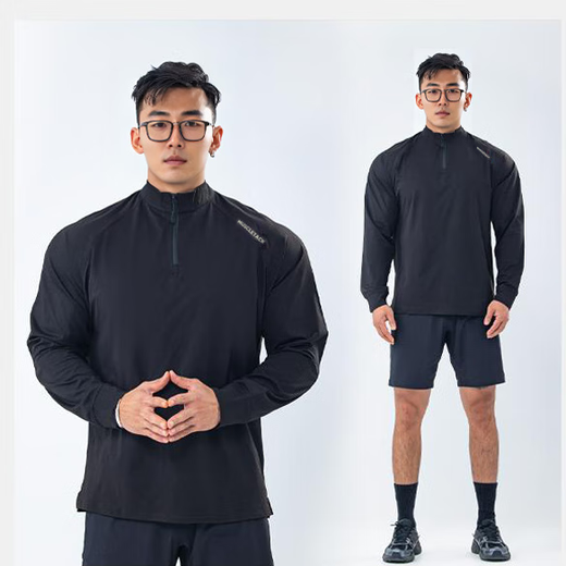 Kennedy fitness long-sleeved men's loose elastic half-zip sports T-shirt American running spring and autumn basketball training cycling jersey clone cotton long-sleeved T-shirt 2XL 160-168cm