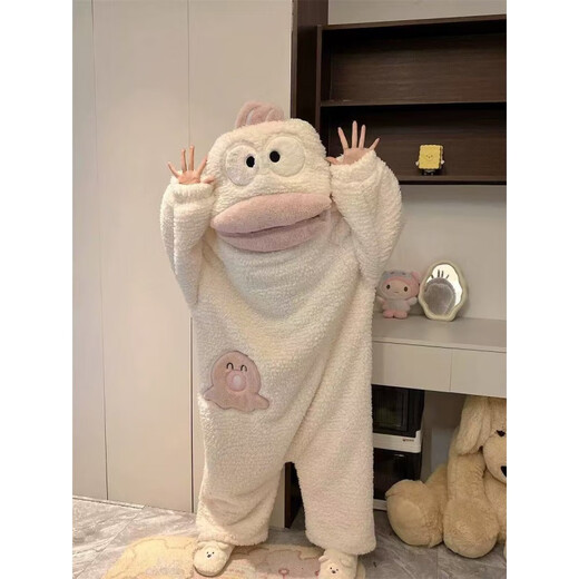 Jibanyang White Ugly Fish One-piece Pajamas Cartoon Cute Funny Coral Fleece One-piece Pajamas for Men and Women Plus Velvet Thickening White-One-piece Ugly Fish Single Pajama Pants M Recommended height 160-165cm