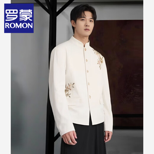 ROMON New Chinese Style Stand Collar Suit Peony Butterfly Embroidered Mao Suit Groom Wedding Chinese Style Jacket Men's Tang Suit Black Single Suit XL