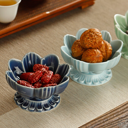 Bamboo Mingtang Lotus Tall Plate Ceramic Household Refreshment Plate Bergamot Tray Dried Fruit Plate Japanese Simple Dessert Plate Dessert Plate Lotus Tall Fruit Plate Light Green