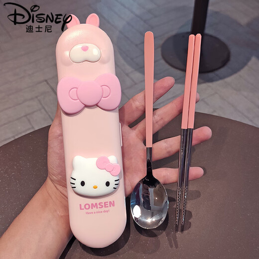 迪士尼（Disney）新款304不锈钢便携餐具三件套筷子勺子套装儿童小学生外带收纳盒 粉色兔子-本色款(带立体贴)