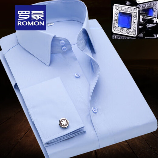 Romon Fine French Turtleneck Camiseta para hombres Camiseta formal de manga larga de manga larga Camisa formal doble plegable Camiseta Banquete de novia Vestido de boda Blue 40 40