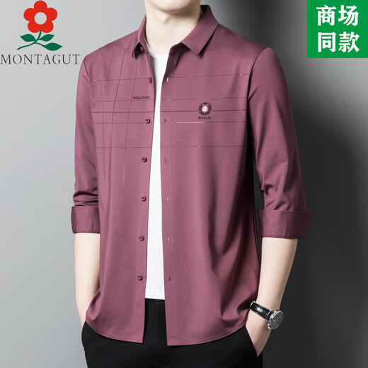 Montagut 2024 Spring New Herren-Langarm-Shirt mittleren Alters und ungezwungenes No-Eisen-Shirt LB6623-RED M 165 Geeignet für 100-115jin [Jin ist 0,5 kg]