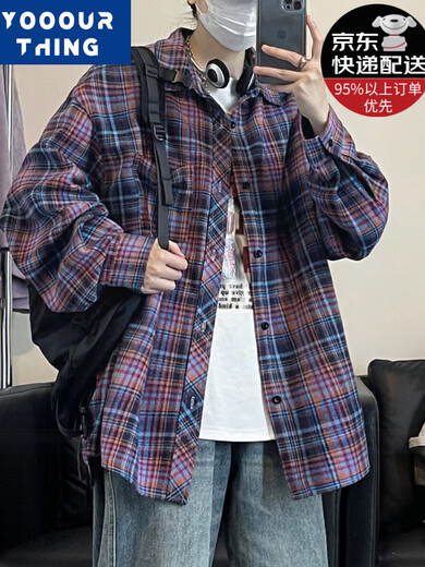 YOOOURTHING American retro plaid shirt men's long-sleeved spring, autumn and winter velvet thickened loose couple versatile casual shirt jacket CJ9734-orange velvet XL (recommended 125-145 Jin Jin equals 0.5 kg) one size