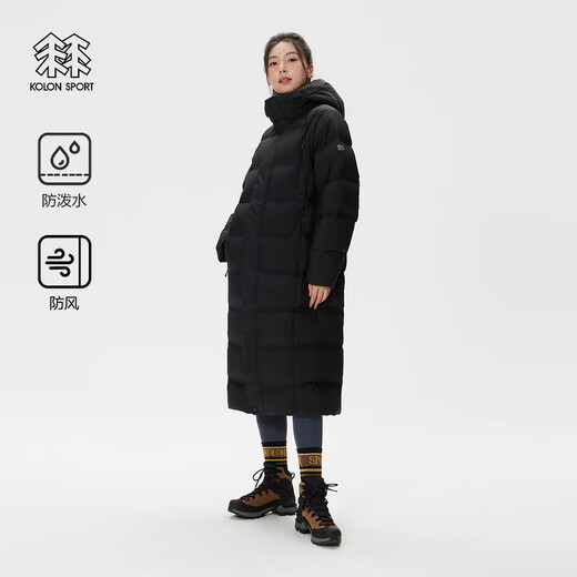 KOLON SPORT/可隆长款羽绒服 男女同款户外休闲防风防泼水连帽重量鹅绒服 LUDJ4WNT02-BK 黑色 S 165/88A