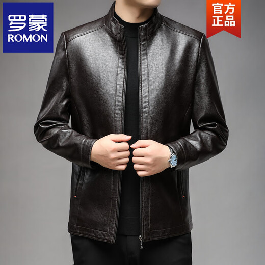 ROMON Haining Leather Men's 2026 New Autumn and Winter Dad Clothing Middle-aged Men's First Layer Imitation Cowhide Leather Jacket Stand Collar Brown - Thin M 170 (100-120Jin Jin is equal to 0.5 kg)