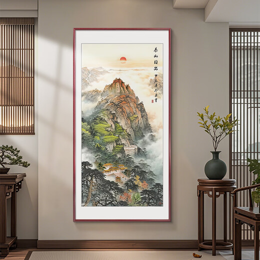 Good wood Rising Sun in the East Hand-painted Mount Tai Sunrise Chinese Painting Entrance Hall Hall Hanging Painting Decorative Painting Ink Landscape Painting Mural A-Rising Sun in the East 70*140cm HD Giclee Elegant Walnut Solid Wood Frame Solid Wood Thin Frame
