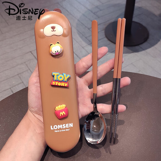 迪士尼（Disney）新款304不锈钢便携餐具三件套筷子勺子套装儿童小学生外带收纳盒 粉色兔子-本色款(带立体贴)