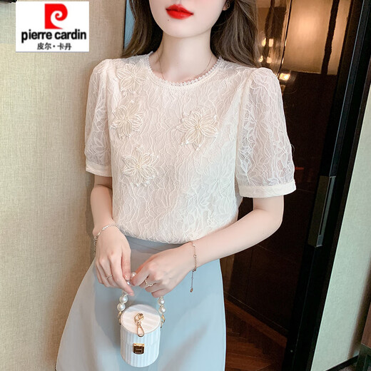 皮尔卡丹（pierre cardin）【1517人收藏】正肩时尚圆领蕾丝短袖t恤女2025夏季新款显瘦体恤 白色T1# S