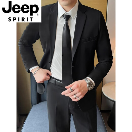 JEEP SPIRIT Suit Jacket Men's Slim Suit Casual Business Professional Formal Wear Handsome Groomsman Suit Two-piece Black Suit S