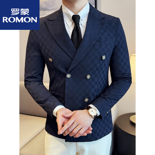 罗蒙（ROMON）双排扣格子西装外套男2025新款潮流时尚商务休闲百搭潮流修身西服 浅灰色 M (95-110斤)