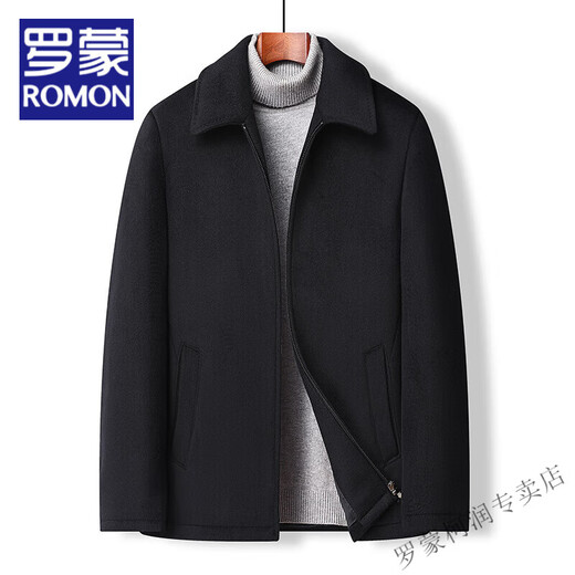 罗蒙（ROMON）2024新款羊毛毛呢外套男士秋冬季加厚翻领中年男士夹克呢子上衣 黑色 3XL 190