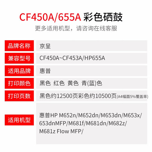 Jingcheng CF450A Toner Patrone eignet sich für HP 655A M632; M652N/DN; M653X/DH; M681Z-Drucker [44000 Seiten] CF450A große Kapazitäts-Vierfarb-Toner-Patronen-Set