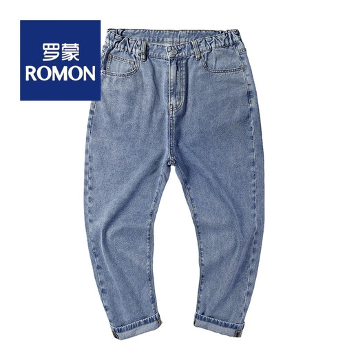 罗蒙（ROMON）潮胖大码男装九分牛仔裤宽松直筒裤阔腿胖子9分加肥加大老爹裤子 浅蓝 直筒长裤9904 28 建议90-100斤
