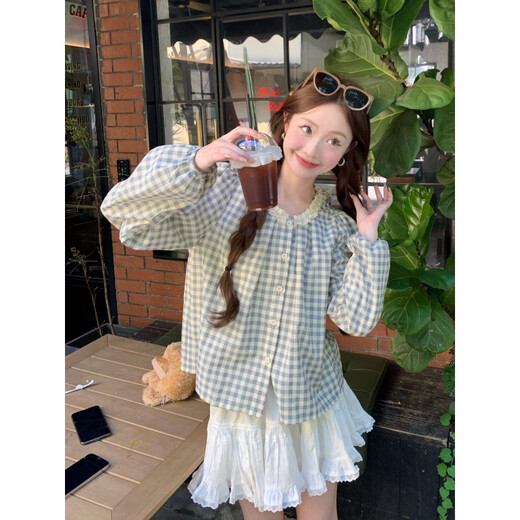 Moyiya (Moyiya) [826 personnes Collection] Sweet Plaid Lace Lace Round Coud Plaid Plaid Long à manches pour femmes Spring New Style Black [peut être porté pendant toutes les saisons] Recommandé 116-125 Jin [Jin équivaut à 0,5 kg] xl