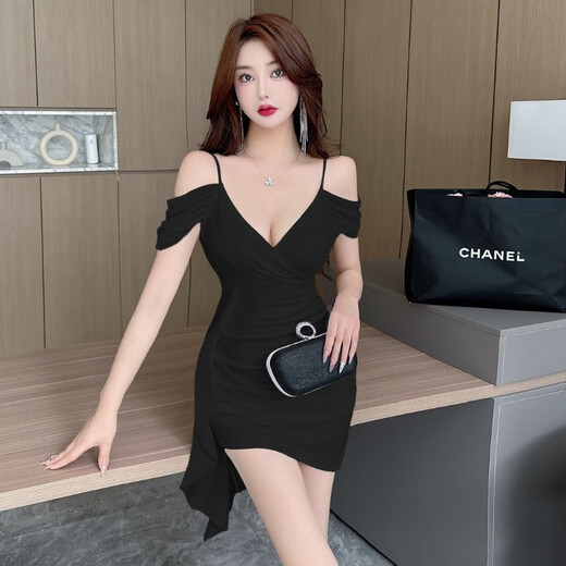 Die Nisi Nightclub Sexy Low Cut V-Neck Suspenten Robe Nouveau Backless Slim-Fit Hippack Jupe courte courte Black Jupe Black Green M (95-105Jin [Jin est égal à 0,5 kg]))