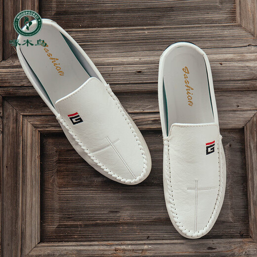 
Woodpecker white bean shoes men's spring and summer lazy shoes versatile new trendy driving men's shoes men's Korean casual soft leather shoes white 9880 39