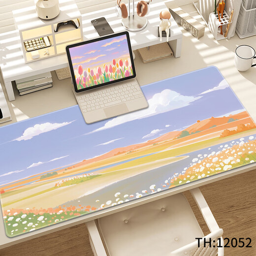 三色猫简约治愈系鼠标垫超大号可爱卡通动漫笔记本电脑键盘办公桌面垫可定制高颜值加厚锁边防滑 12052 风月无边 90厘米x40厘米x4毫米