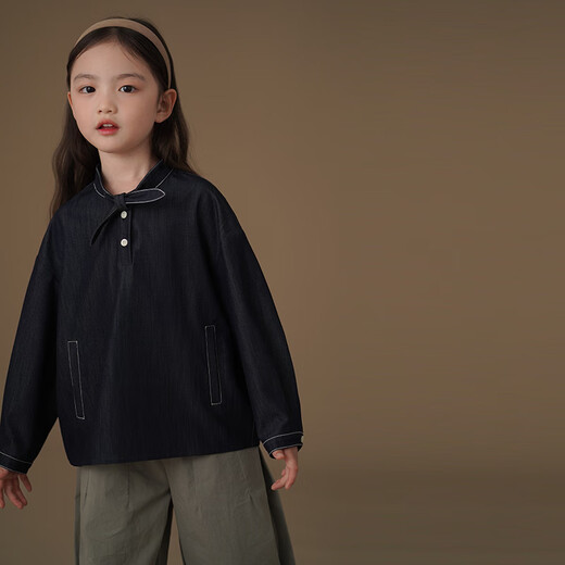 Haqi children's clothing children's denim shirt spring and autumn thin simple casual top girls spring clothing 25 new design sense dark denim blue 170