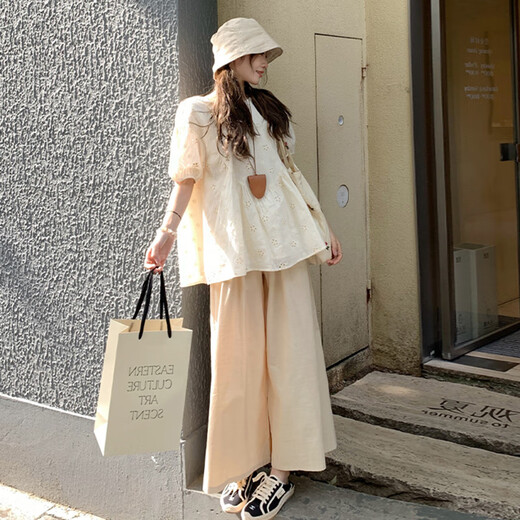 Ranqi Mommy Pregnant Summer Suit Set Two-Piece Cotton Hollow Shirt Top Summer Thin Fashionable and Casual Lazy Style Apricot Top + Khaki Wide Leg Pants [Set] 2XL