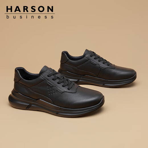 Harson men's casual shoes, thick-soled walking shoes, commuter high-end business sports leather shoes, black 39