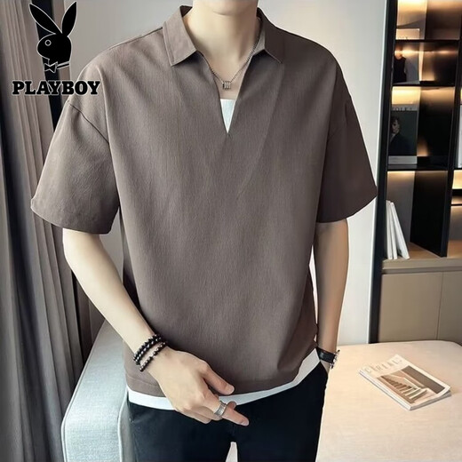 花花公子（PLAYBOY）假两件V领T恤男潮牌短袖POLO保罗衫冰丝半袖2025新款夏季男装体恤 682短袖棕色 XL