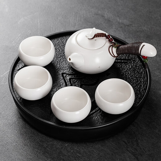 An Junsheng Kung Fu tea set tea tray small set one pot four cups portable home dormitory hotel teapot tea cup simple black purple sand 1 pot four cups + melamine round black plate - Yuanshan